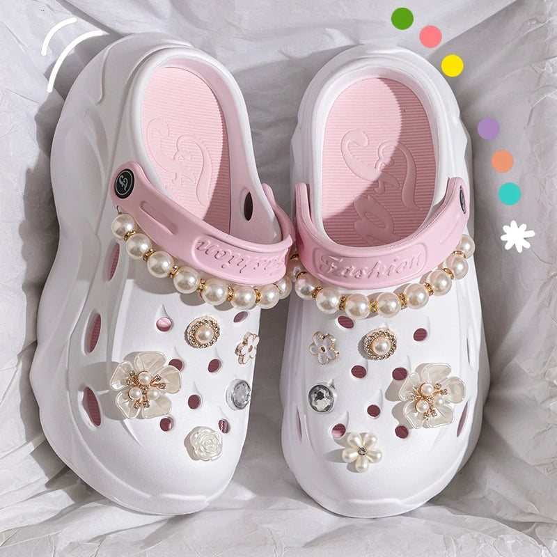 Women Pearl Chain Platform Sandals Thick Sole EVA Beach Garden Non Slip Clogs