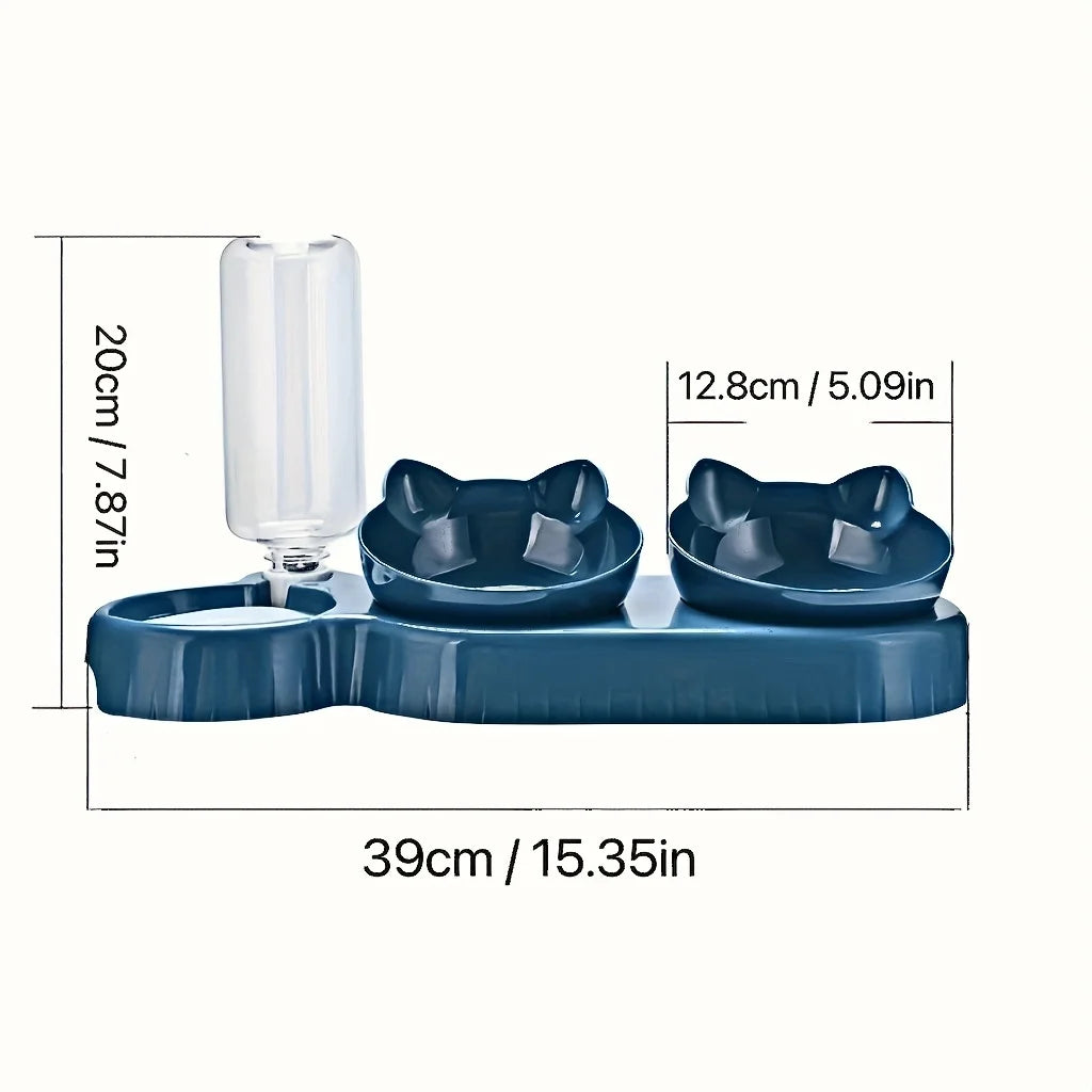3 in 1 Tilted Cat Bowl Set with Gravity Water Feeder Neck Protection Design