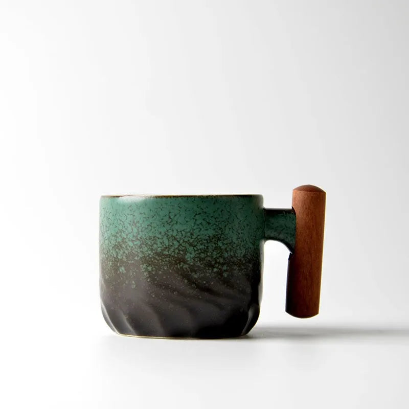Vintage Coffee Cup Handmade Mug with Wooden Handle for Home Kitchen Bar