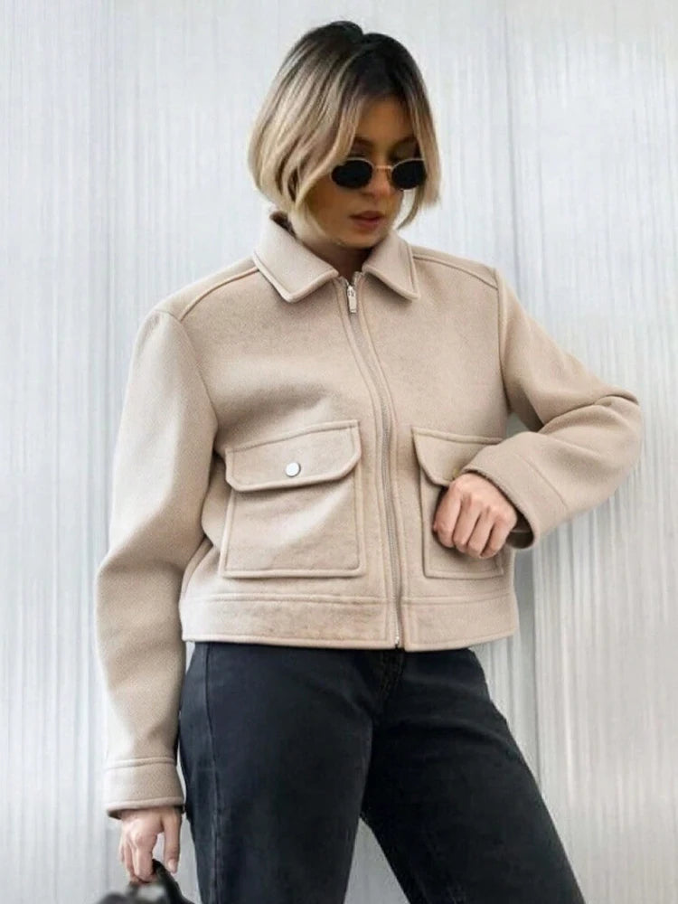Women Winter Zipper Jacket Long Sleeve Short Coat Elegant Street Outerwear