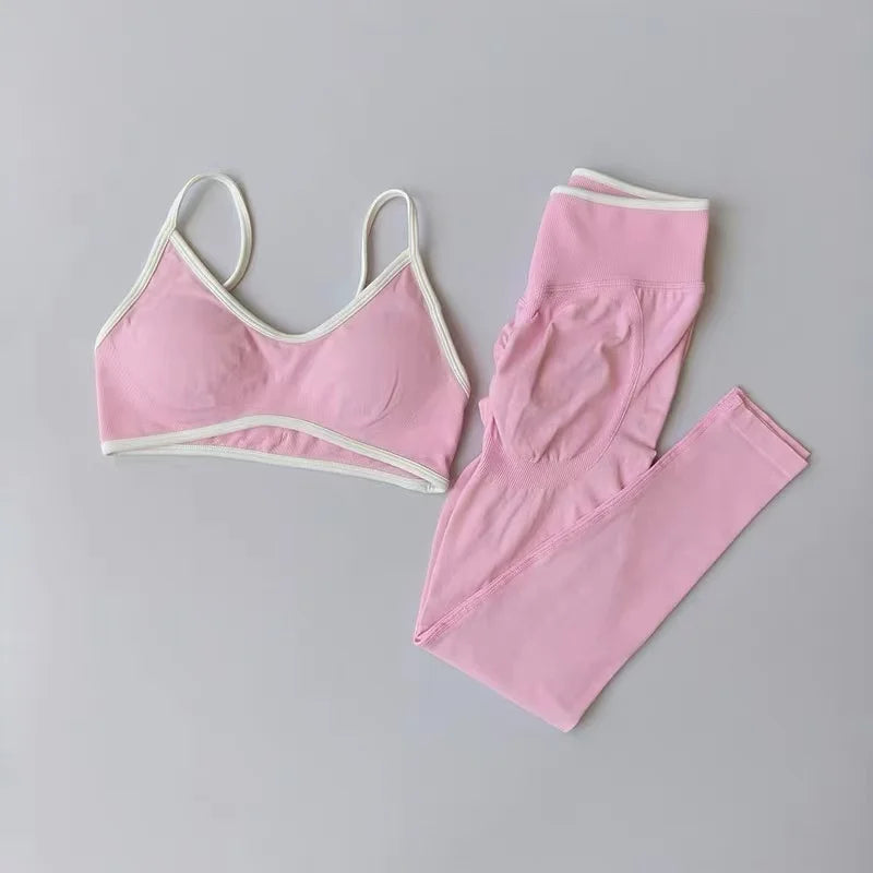 Women Strappy Sports Set Contrast Yoga Suit Shockproof Quick Dry Fitness Pants