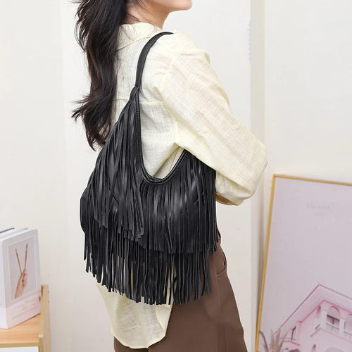 Tassel Shoulder Tote Bag for Women Soft PU Leather Handbag