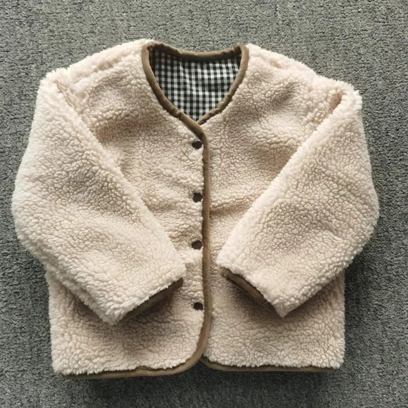 Kids Reversible Plaid Plush Jacket Warm Autumn Winter Coat Boys Girls