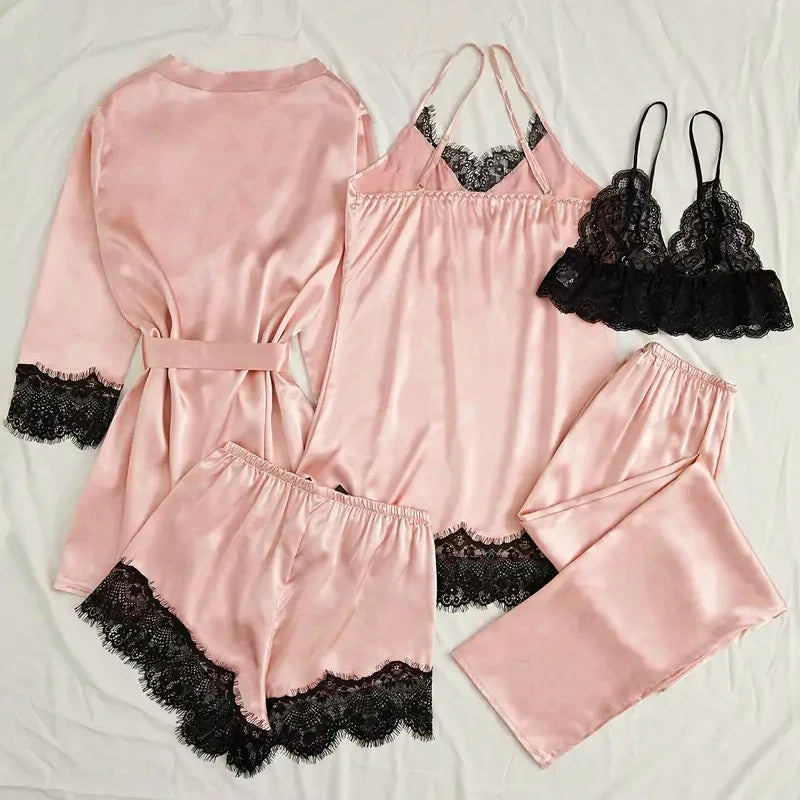 Women’s Pink Satin Pajama Set with Lace Robe Nightdress and Pants