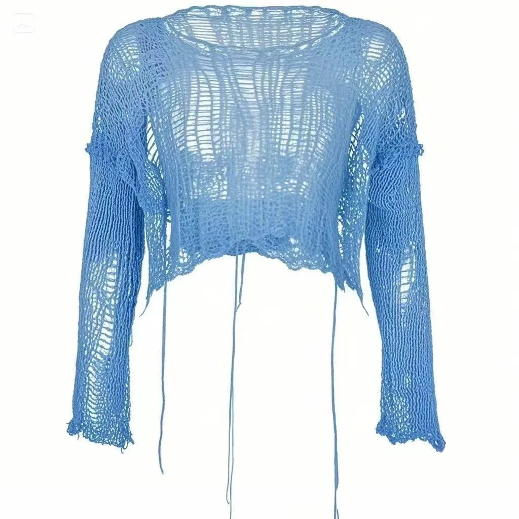 Women Y2K Cropped Cutout Knit Sweater Hollow Out Long Sleeve Sheer Pullover Top