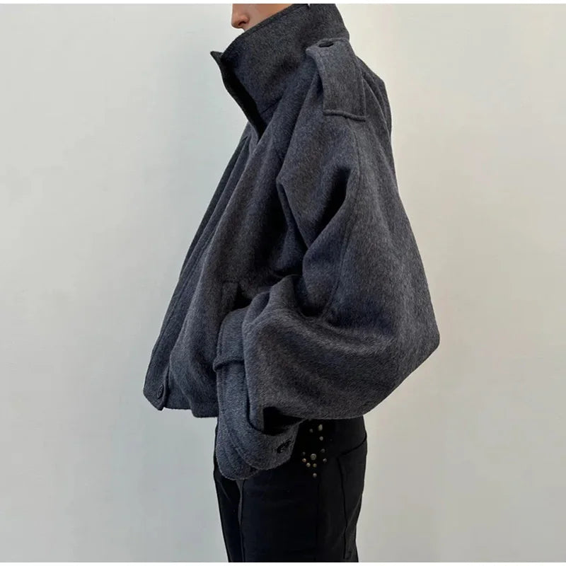 Women Stand Collar Wool Blend Jacket Loose Zip Up Coat