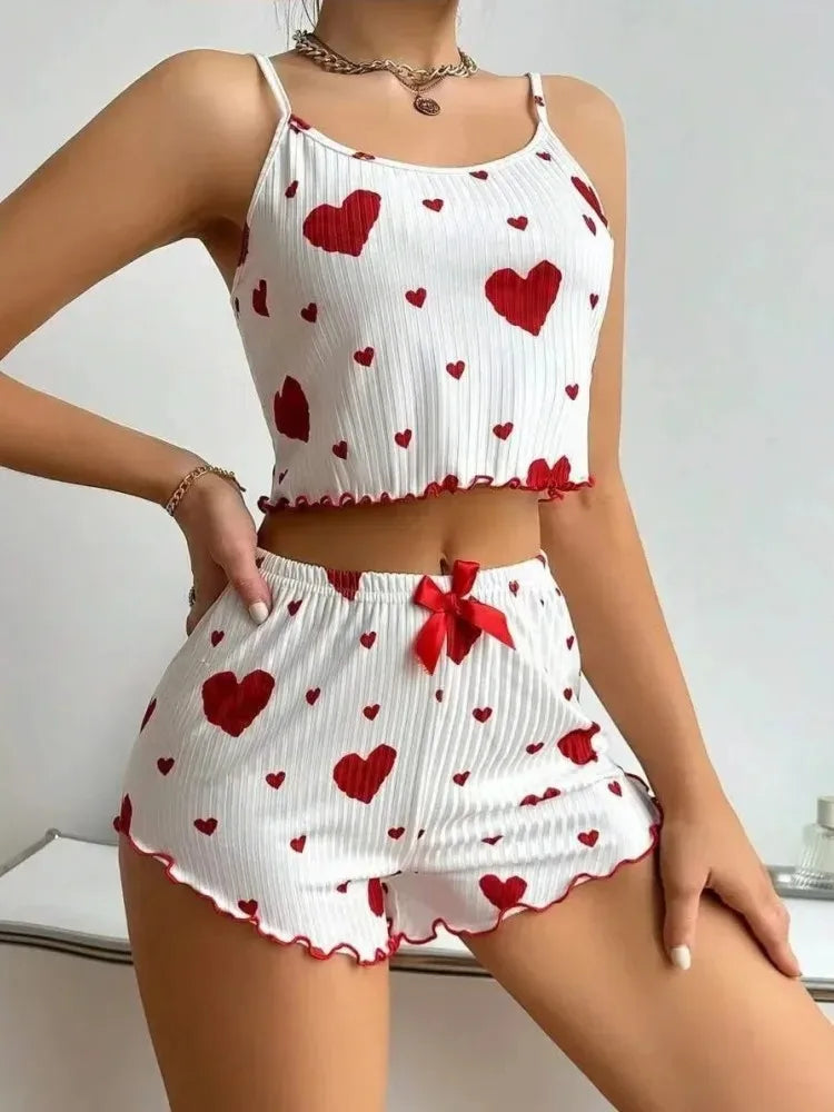Women’s Heart Print Cami Pajama Set Autumn Winter Sleepwear
