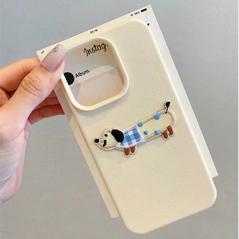 Cute 3D Cartoon Embroidery Puppy Leather Pattern iPhone Case