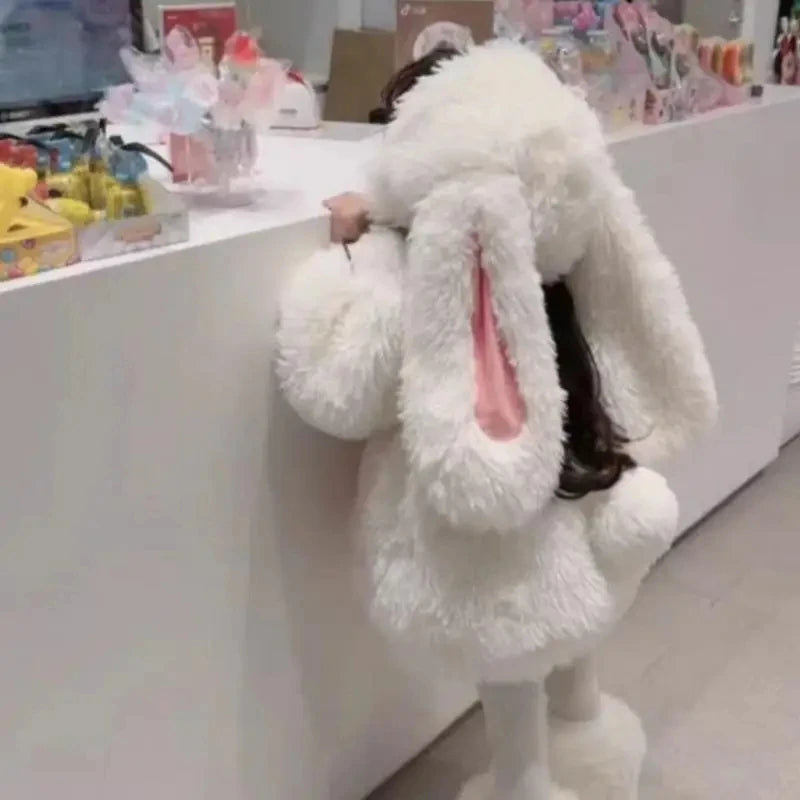 Kids Plush Rabbit Cosplay Costume Winter Warm Top Pants Hat Set