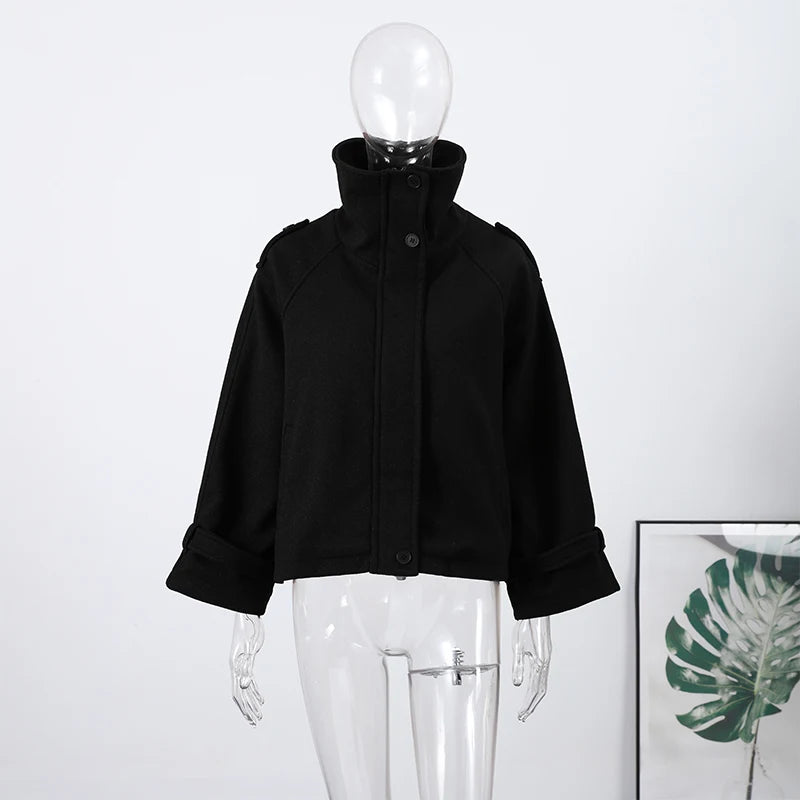 Women Stand Collar Wool Blend Jacket Loose Zip Up Coat