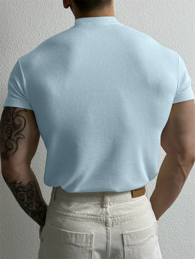 Men High Collar Stripe T Shirt Short Sleeve Summer Fitness Sport Casual Top