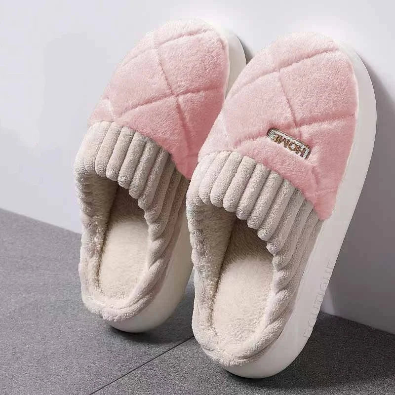 Quilted Plush Slippers Women Cozy Winter Soft Indoor Anti Slip House Shoes
