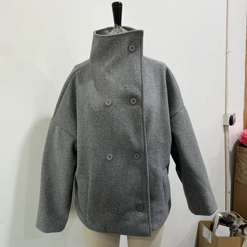 Women Stand Collar Wool Blend Jacket Loose Zip Up Coat