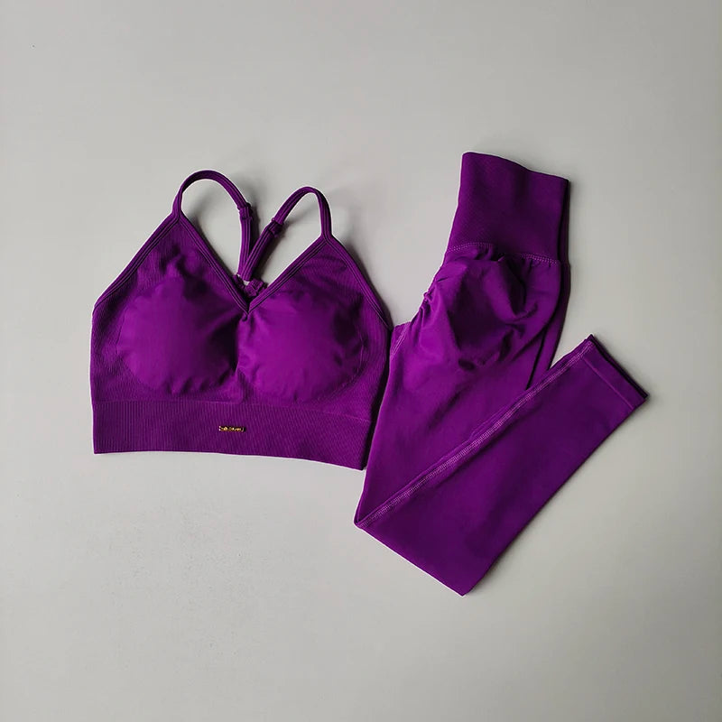 Seamless V Neck Yoga Set Women Sports Bra High Waist Leggings Hip Lift Fitness Outfit