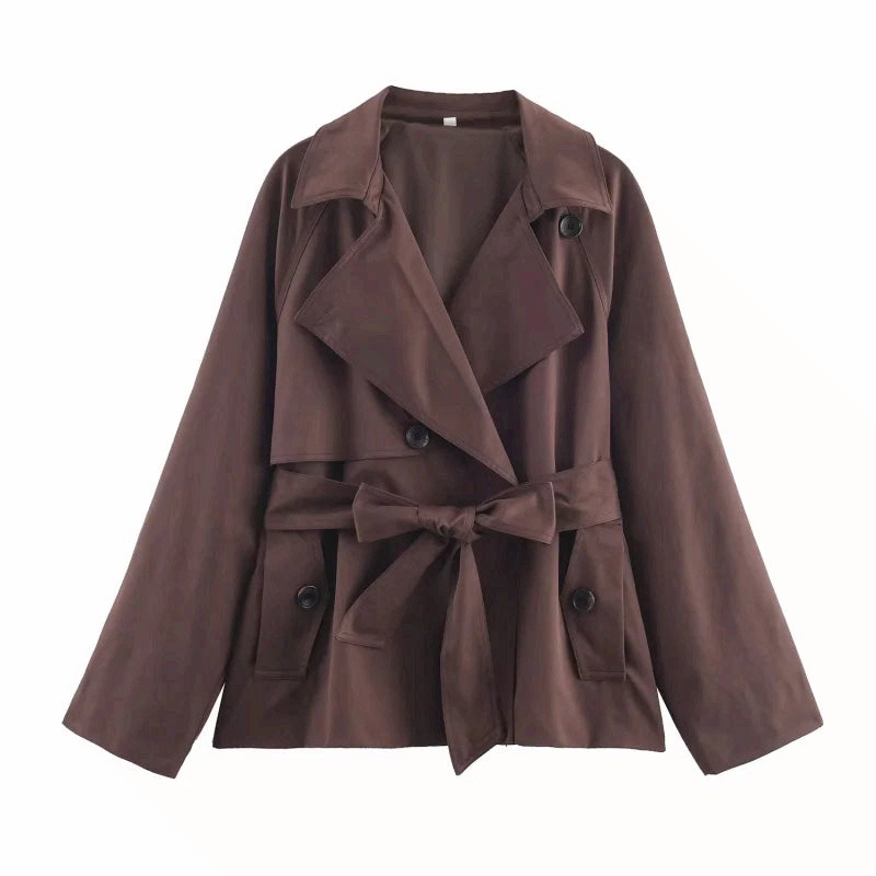 Women Double Breasted Trench Coat British Style Belted Jacket