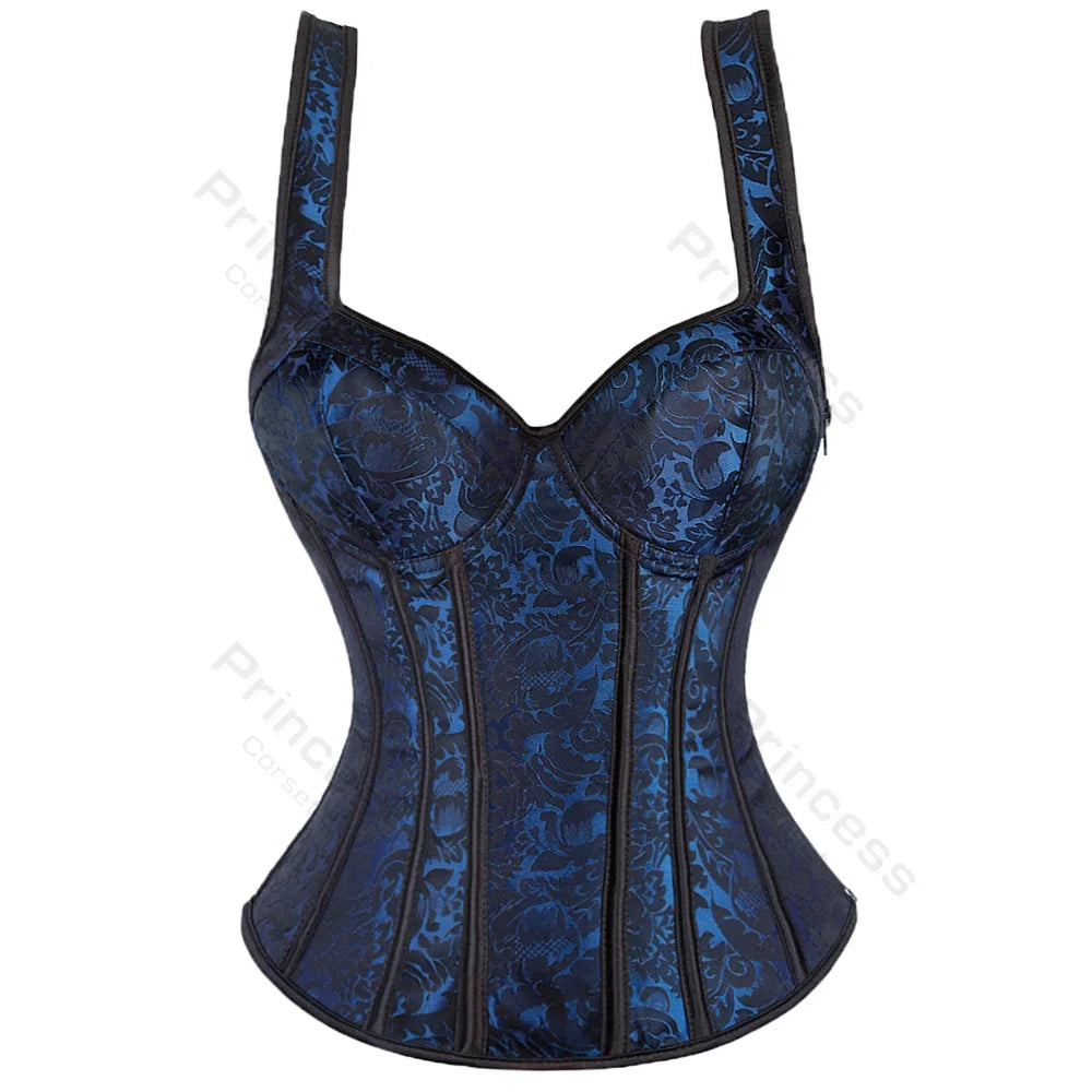 Women Black Floral Jacquard Corset Bustier Top