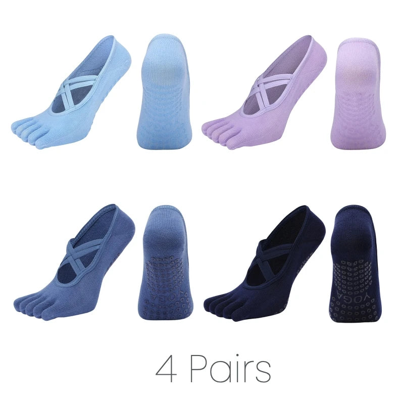 Women Anti Slip Pilates Five Toe Yoga Socks Silicone Grip Cotton Fitness Socks 1–4 Pairs