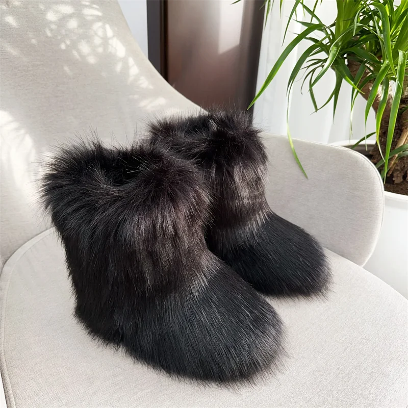 Women Fur Snow Boots Warm Mid Calf Winter Shoes