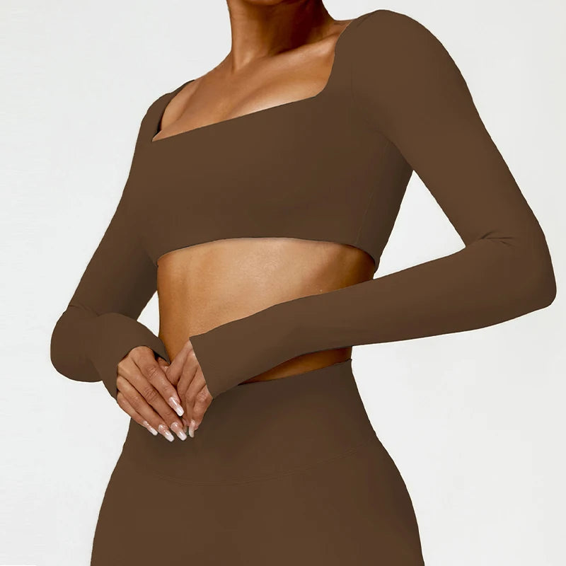 Women Square Neck Long Sleeve Crop Top Quick Dry Yoga Fitness Shirt