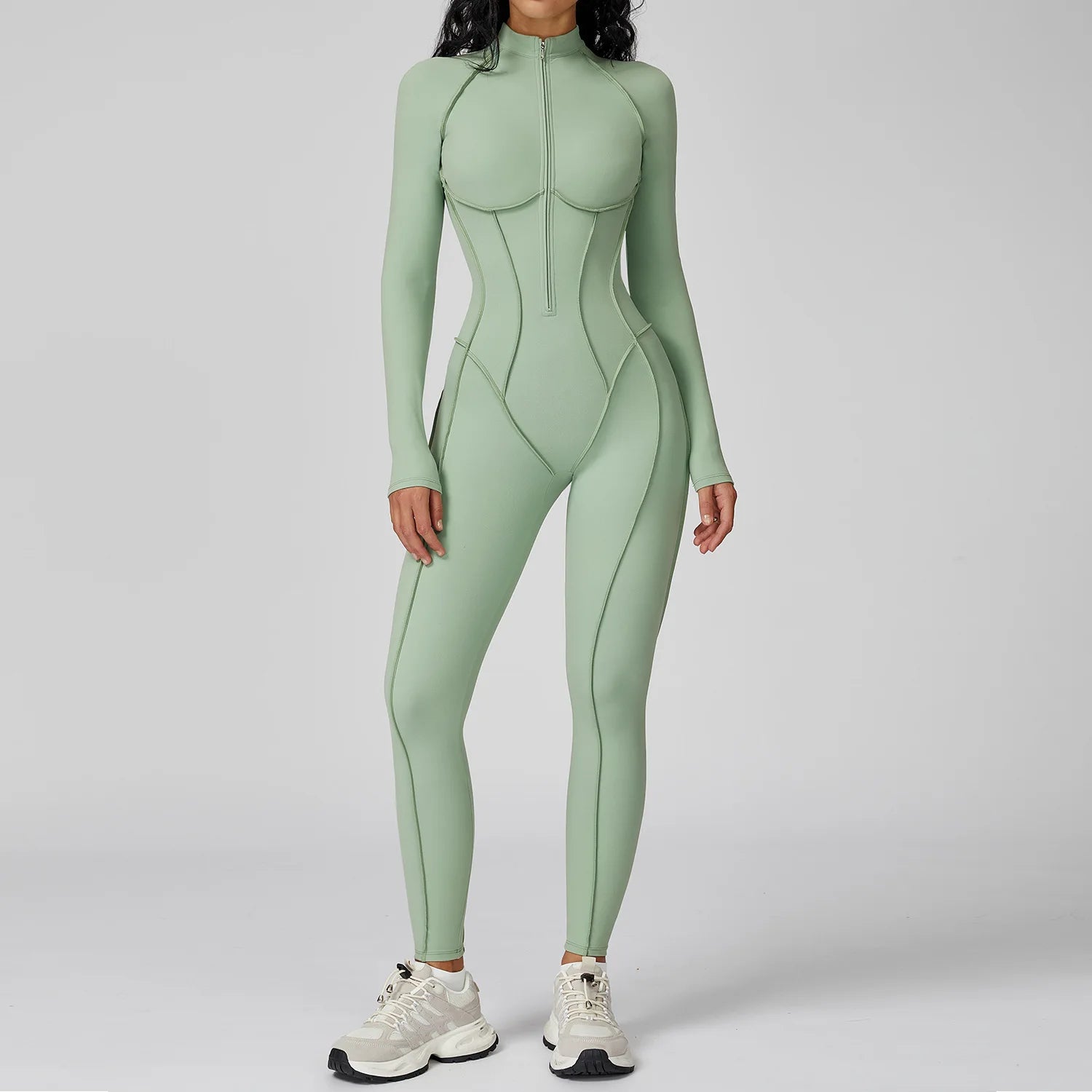 Women Long Sleeve Zip Front Fitness Jumpsuit Body Shaping One Piece Workout Suit