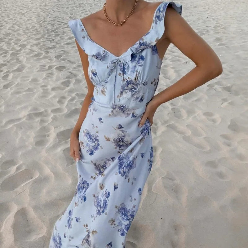 Women Floral Print Backless Slip Dress Sleeveless Summer Beach Slim Fit Dress