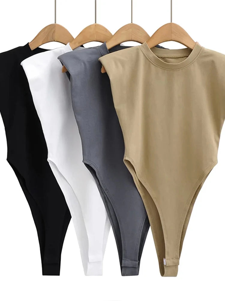 Women Sleeveless Bodycon Bodysuit Padded Shoulder Summer Sexy One Piece Top
