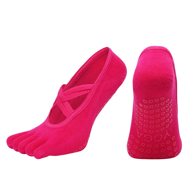 Women Anti Slip Pilates Five Toe Yoga Socks Silicone Grip Cotton Fitness Socks 1–4 Pairs