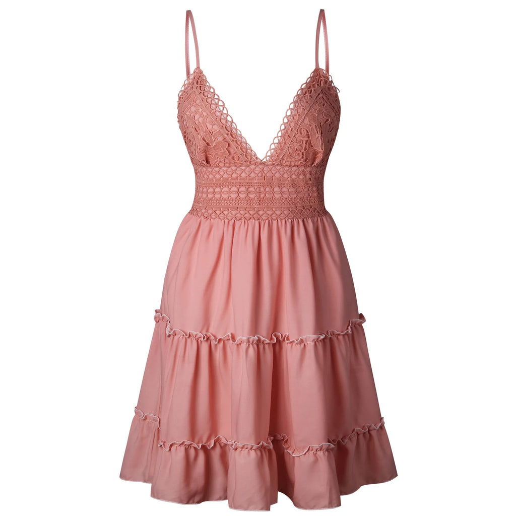 Women’s Solid Color Lace Strap Summer Dress Elegant Seaside Vacation Wear