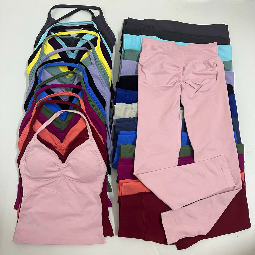 Backless Yoga Set Women Tank Top High Waist Scrunch Leggings Gym Fitness Outfit