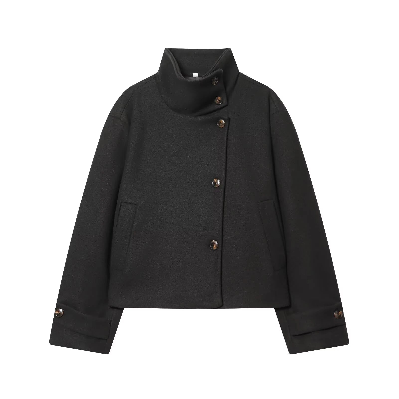 Women Loose Fit Stand Collar Coat Long Sleeve Buckle Casual Winter Jacket