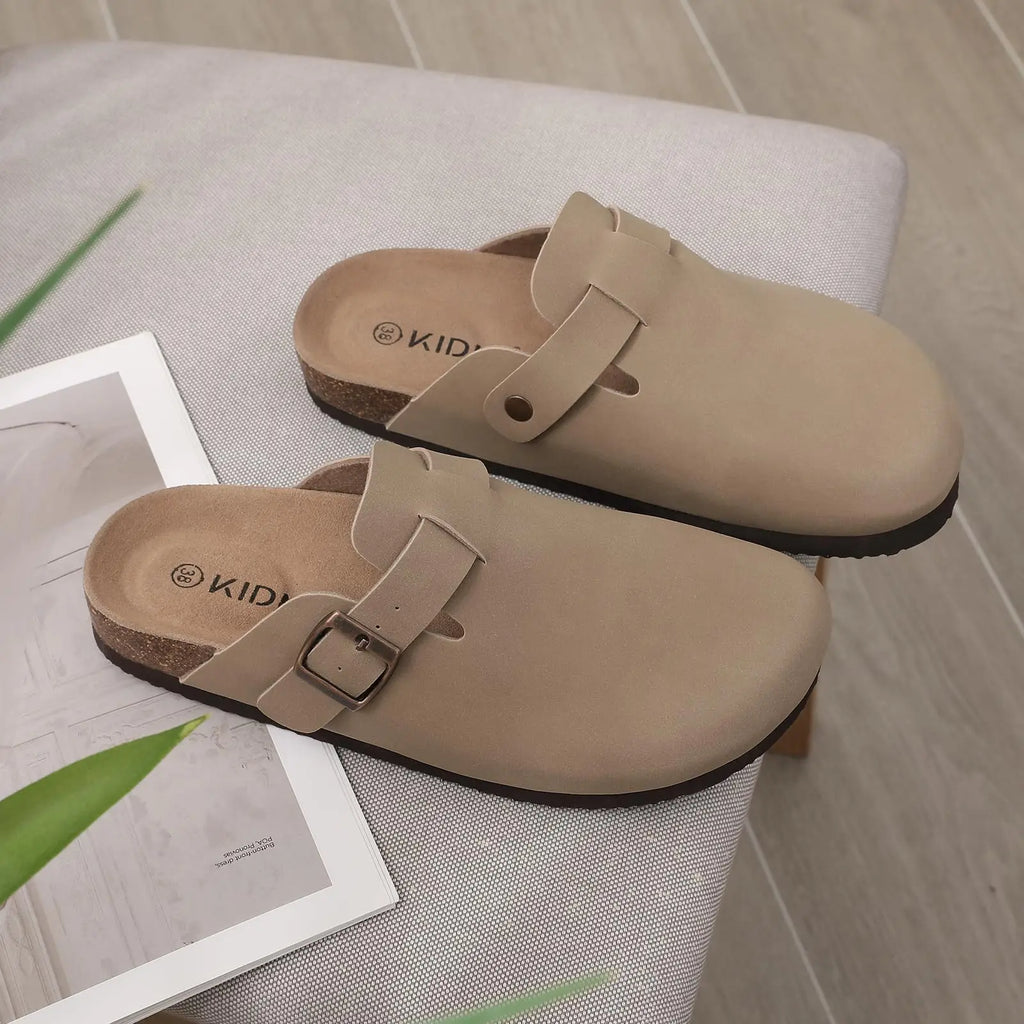 Suede Mule Slippers Cork Footbed Clogs Adjustable Buckle Slides Comfort Arch Support Sandals Women Men