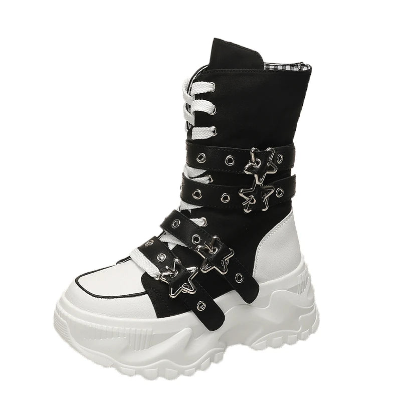 Women Round Toe Lace Up Platform Mid Calf Boots Non Slip Autumn Winter