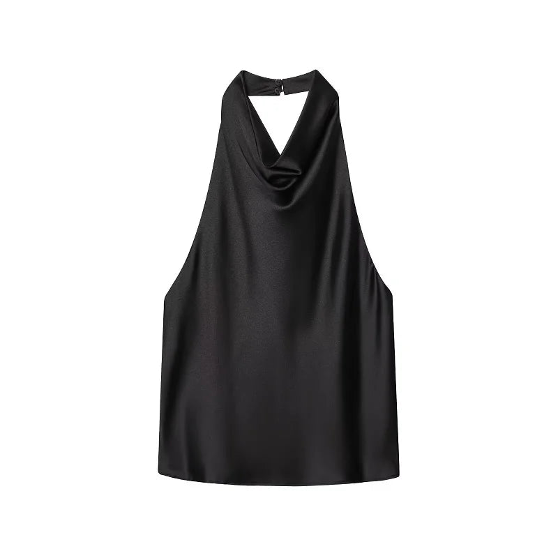 Women Satin Halter Backless Top Summer Beach Camisole Crop Top