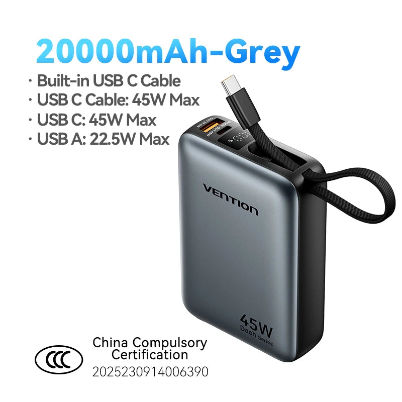 Power Bank 20000mAh Fast Charging Portable Charger USB-C Cable External Battery for iPhone Xiaomi Samsung Galaxy