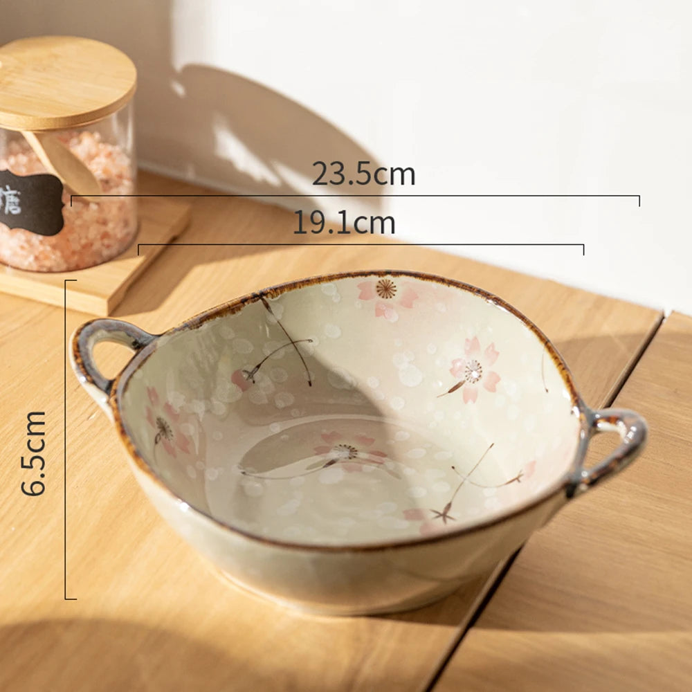 Ceramic Noodle Bowl 7.5 Inch Handle Soup Salad Pasta Microwave Safe Tableware