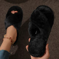 Fluffy Cross Band Slippers Women Cozy Fur Slides Soft Anti Slip Indoor Winter