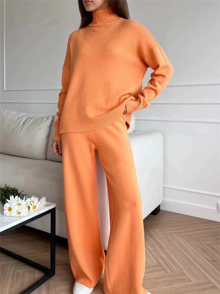 Women Knitted Two Piece Set Turtleneck Sweater and Straight Jogger Pants Winter Tracksuit