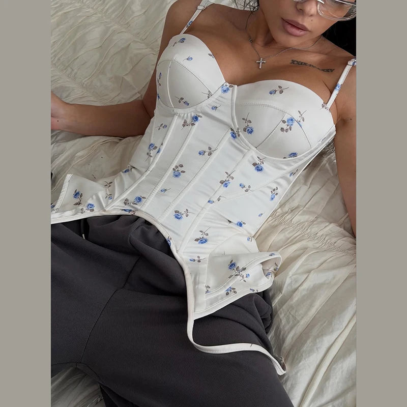 Women Floral Corset Cami Top Sweetheart Neck Irregular Hem Summer Bustier Top