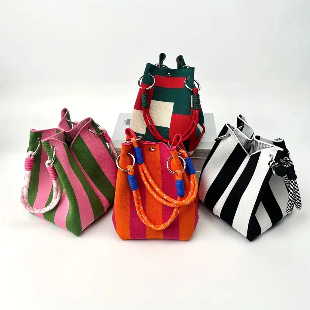 Multicolor Knit Bucket Bag Retro Color Block Handbag