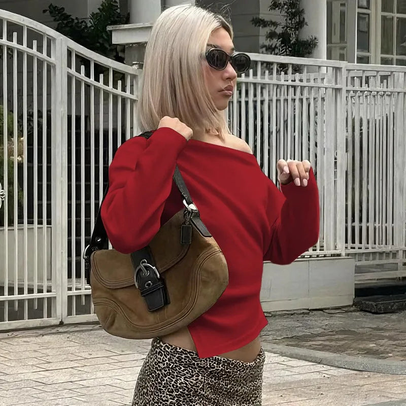 Women Slim Fit Long Sleeve Slit Top Strapless Pleated Party Streetwear