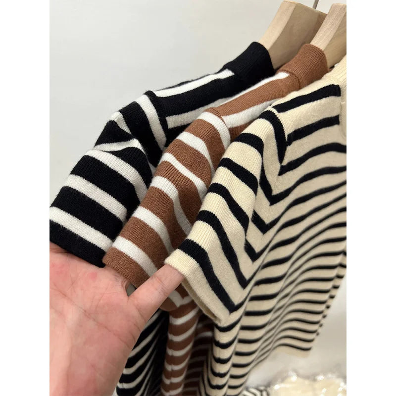 Women Half Turtleneck Striped Knit Top Slim Fit Short Sleeve Sweater