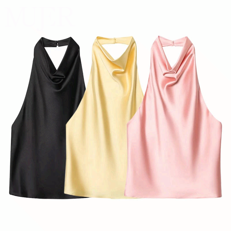 Women Satin Halter Backless Top Summer Beach Camisole Crop Top