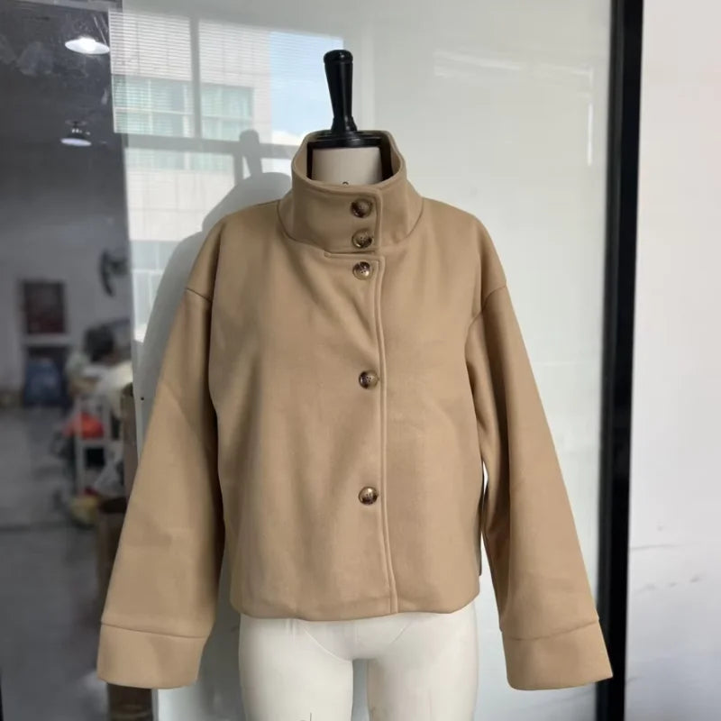 Women Stand Collar Wool Blend Jacket Loose Zip Up Coat