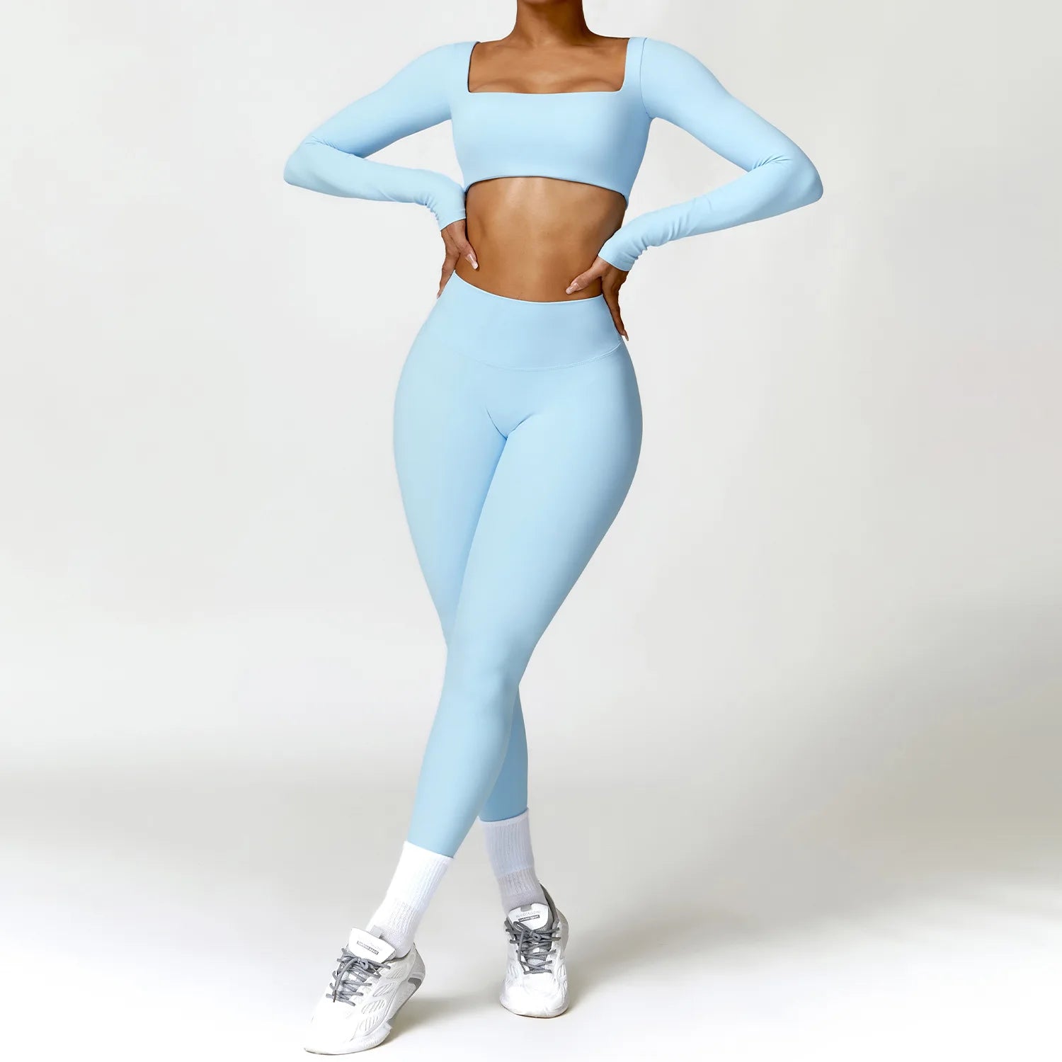 2PCS Seamless Yoga Set Women Long Sleeve Crop Top High Waist Leggings Workout Outfit