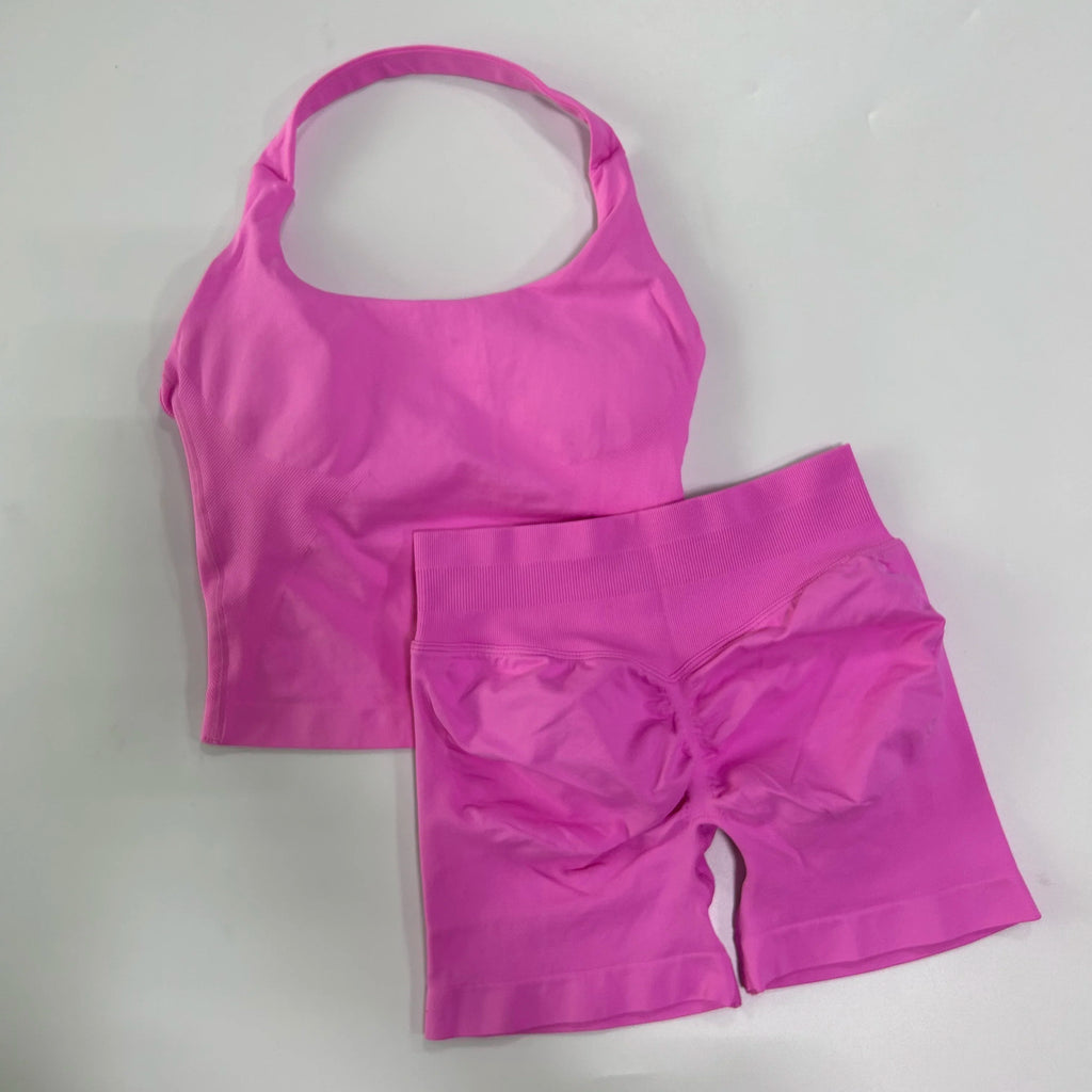 Seamless Yoga Set Women Halter Sports Bra High Waist Shorts Gym Workout Set