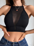 Women Sexy Mesh Crop Top Backless Halter Bralette Ribbed Camisole Summer Fashion Corset Style Tank Top