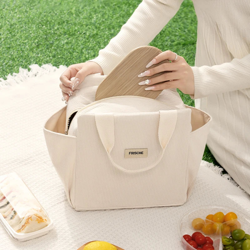 Corduroy Thermal Insulated Lunch Bag Multifunctional Storage Handbag Picnic Cooler Bag
