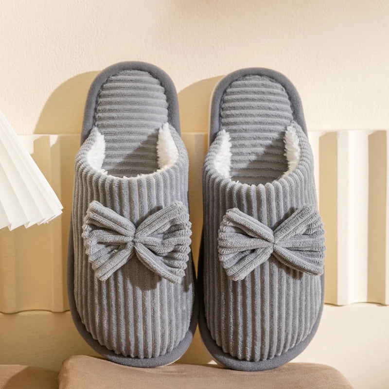 Cute Bow Slippers Women Cozy Plush Indoor Home Shoes Soft Warm Winter Slides