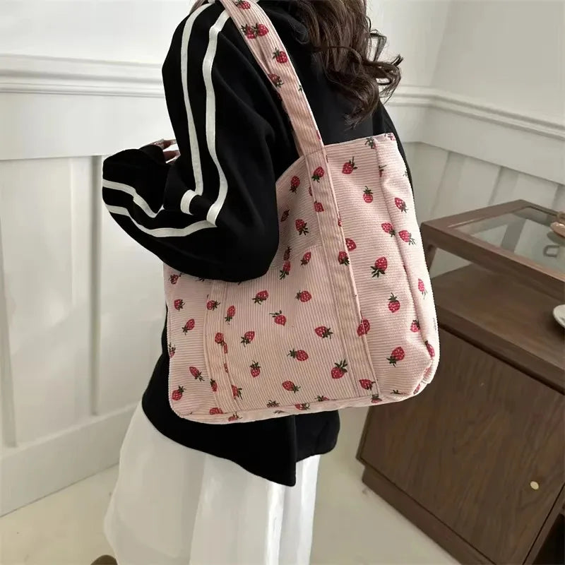 Women Corduroy Shoulder Tote Bag Strawberry Print Large Capacity Commuter Handbag