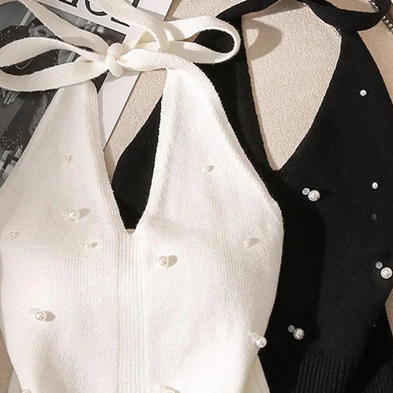 Beaded Halter Neck Knitted Vest for Women Backless Tie Knot Top